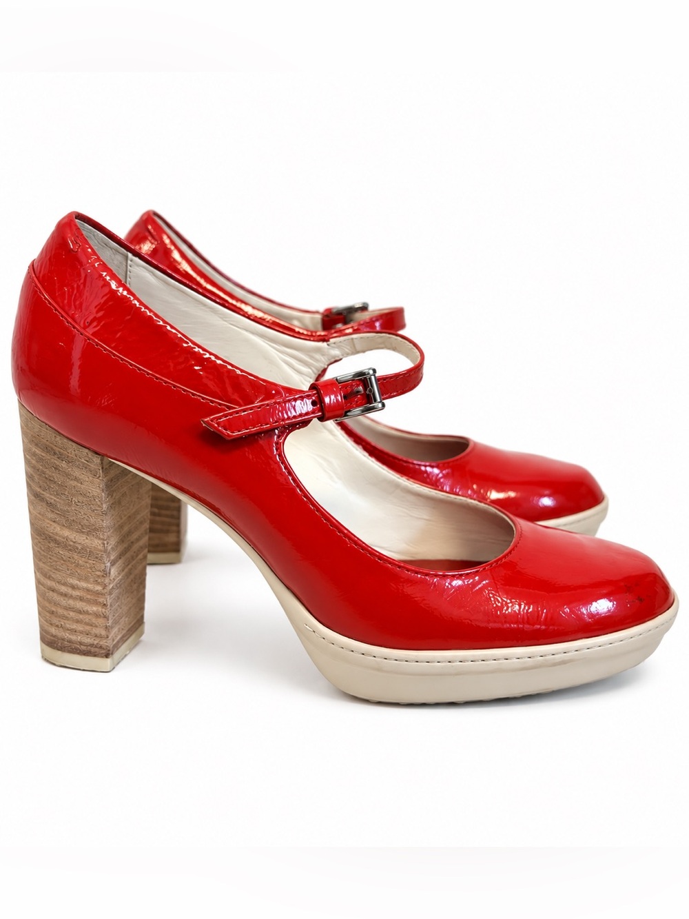 Y2K TOD’S Red Patent Leather Mary Jane Platform Heels 5M Italy Designer chunky